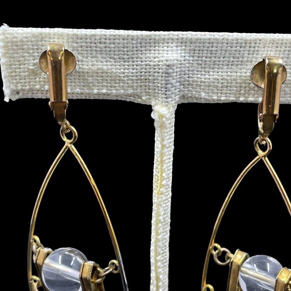 Vintage Clip On Earrings Clear Crystal Beads Gold Tone Statement Coquette Glam - Picture 6 of 8